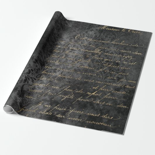 Papier Cadeau Script français en or sur gris déprimé (Déroulé)