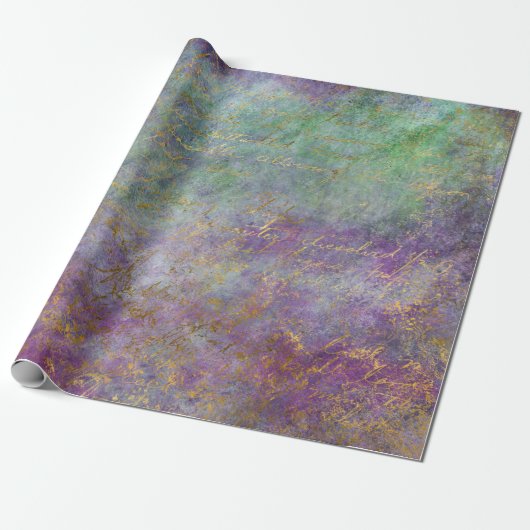 Papier Cadeau Script Gold sur le violet et le vert (Déroulé)