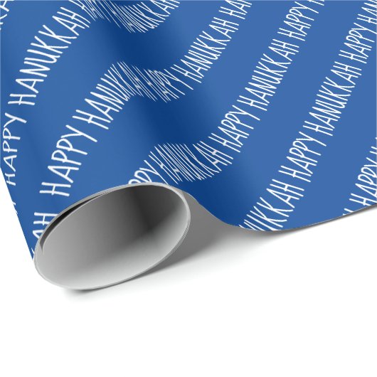 Papier Cadeau Script Hanoukka simple blanc et bleu heureux (Coin rond)