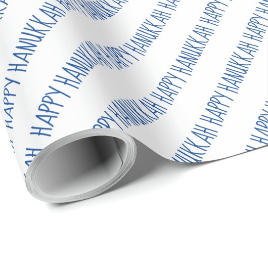 Papier Cadeau Script Hanoukka simple bleu et blanc heureux (Coin rond)