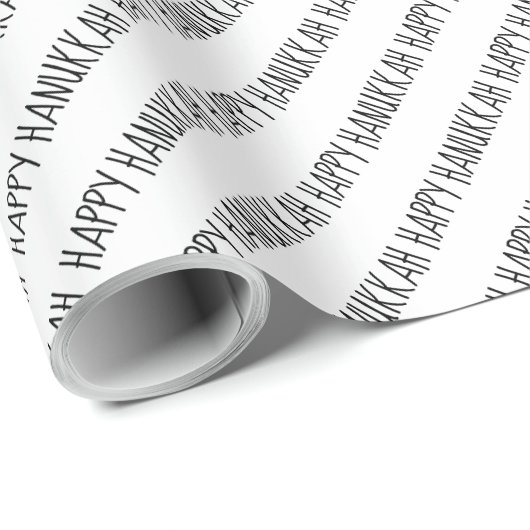 Papier Cadeau Script Hanoukka simple noir et blanc heureux (Coin rond)
