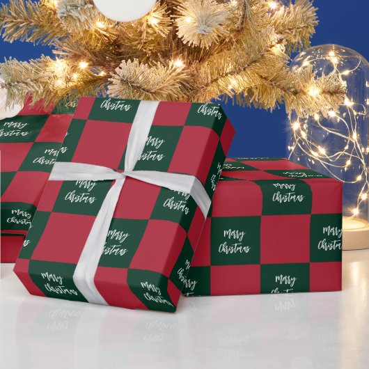 Papier Cadeau Script Joyeux Noël Vert et Rouge Damier (Vacances)