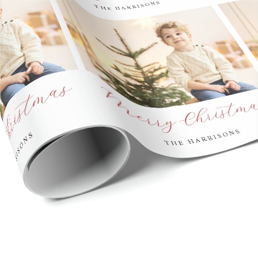 Papier Cadeau Script moderne Joyeuse photo de Noël (Coin rond)