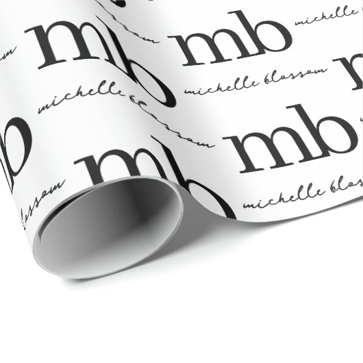 Papier Cadeau Script moderne noir blanc tendance Monogramme init (Coin rond)