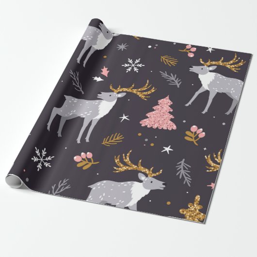 Papier Cadeau seamless pattern with reindeer, fir trees and sno (Déroulé)