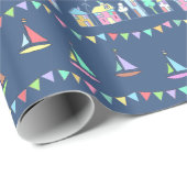 Papier Cadeau Seaside Town Sail Boats and Bunting Pattern Blue (Coin rond)