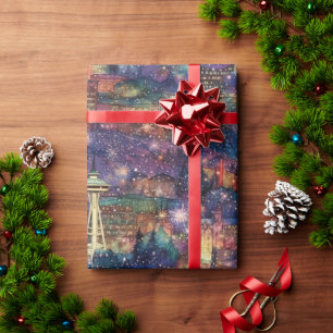 Papier Cadeau Seattle à Noël & Nouvel An en Aquarelles