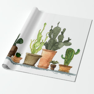 Papier Cadeau Sept cactus d'aquarelle vert dessinés à la main en