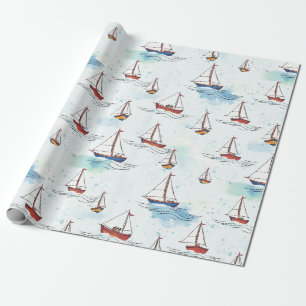 Papier Cadeau Serene Blue Red Voiliers Motif sur mer