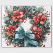 Papier Cadeau Serre de pin avec Fleurs rouges et Holly (Plat)
