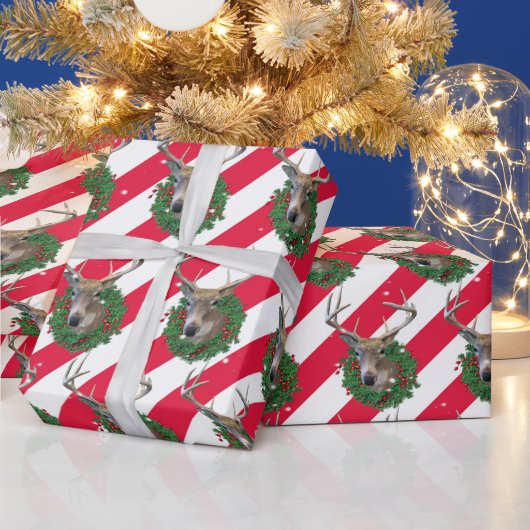 Papier Cadeau Serrure de cerf et couronne de Noël dans les floco (Vacances)