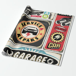 Papier Cadeau Service de voiture et réparation rétro panneaux de