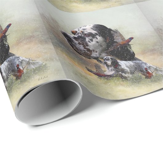 Papier Cadeau setter anglais, chasse aux oiseaux (Coin rond)
