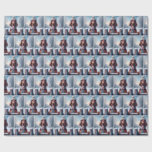 Papier Cadeau Setter irlandais avec Écharpe d'hiver et Casquette (Plat)