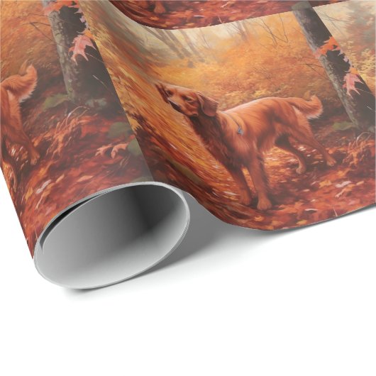 Papier Cadeau Setter rouge irlandais à l'automne Feuilles automn (Coin rond)