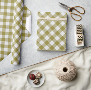 Papier Cadeau Shabby Chic Blanc Ocres Vert Moutarde Gingham