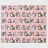 Papier Cadeau Shabby Chic Floral rose et bleu Anniversaire (Plat)