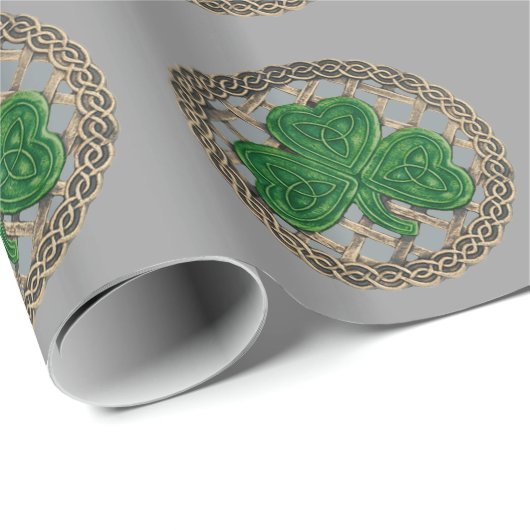 Papier Cadeau Shamrock Gris Sur Papier D'Enveloppement De Noeuds (Coin rond)