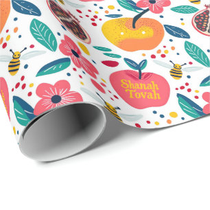Papier Cadeau Shana Tova avec des pommes et des abeilles