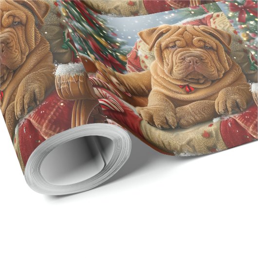Papier Cadeau Shar Pei Chien Festif de Noël (Coin rond)
