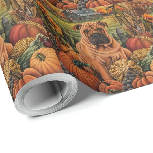 Papier Cadeau Shar Pei Chien Moisson Automne Thanksgiving (Coin rond)