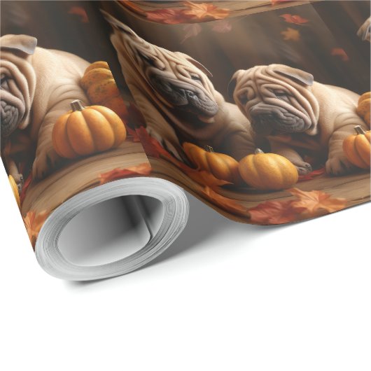 Papier Cadeau Shar Pei Chiot Automne Citrouille de plaisir (Coin rond)