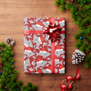 Papier Cadeau Shark Santa Hat Festive Rouge Noël Design