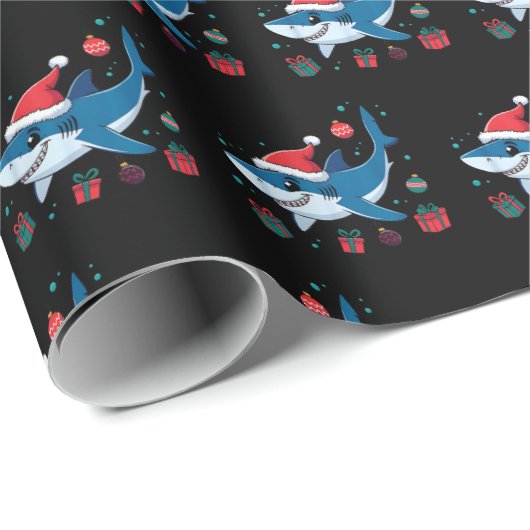 Papier Cadeau Shark Santa Hat Noël Cadeau Océan Noir (Coin rond)