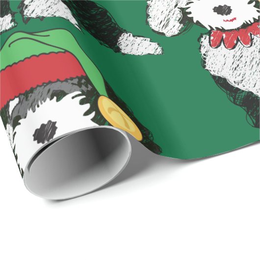 Papier Cadeau Sheepadoodle de Noël Vert (Coin rond)