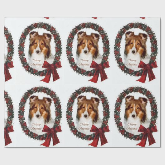 Papier Cadeau Shetland Sheepdog - couronne de Noël (Plat)