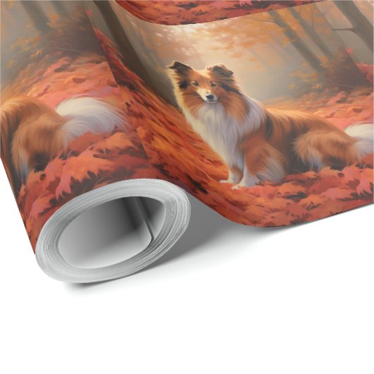 Papier Cadeau Shetland Sheepdog en automne Feuilles automne Insp (Coin rond)