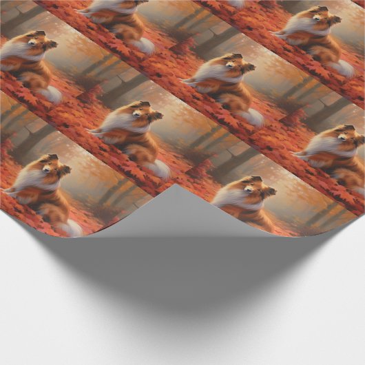Papier Cadeau Shetland Sheepdog en automne Feuilles automne Insp (Coin)