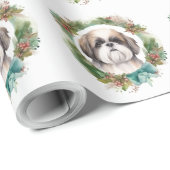 Papier Cadeau Shih Tzu Christmas Wreath Festive Pup (Coin rond)