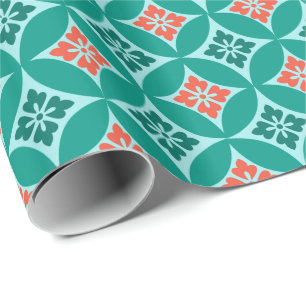 Papier Cadeau Shippo avec Motif Fleur, Turquoise et Coral