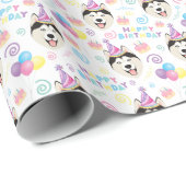 Papier Cadeau Siberian Husky Wrapping Paper in White (Coin rond)