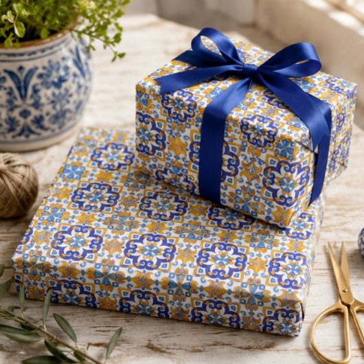Papier Cadeau Sicilian Vibrant Majolica Scrollwork Mediterranean