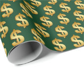 Papier Cadeau Signes Dollar Or Sur Vert (Coin rond)