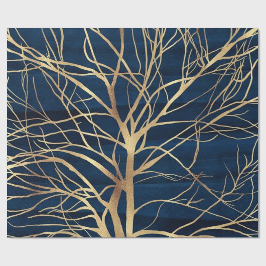 Papier Cadeau Silhouette Arbre d'Or moderne Design bleu minimal (Plat)