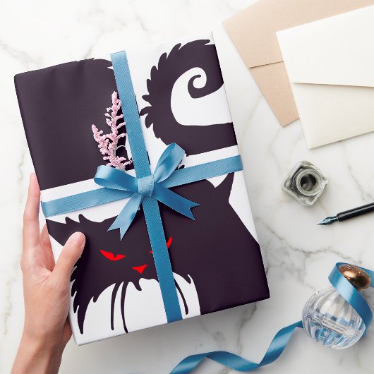 Papier Cadeau Silhouette de chat noir malin avec yeux rouges