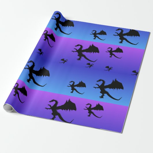 Papier Cadeau Silhouette de Dragon Volant Violet Bleu (Déroulé)