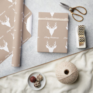 Papier Cadeau Silhouette De Tête De Cerf Blanc Sur Le Beige Et L