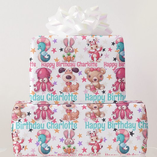 Papier Cadeau Silly Fun Girl's Birthday Ajouter Nom Squid Bunny