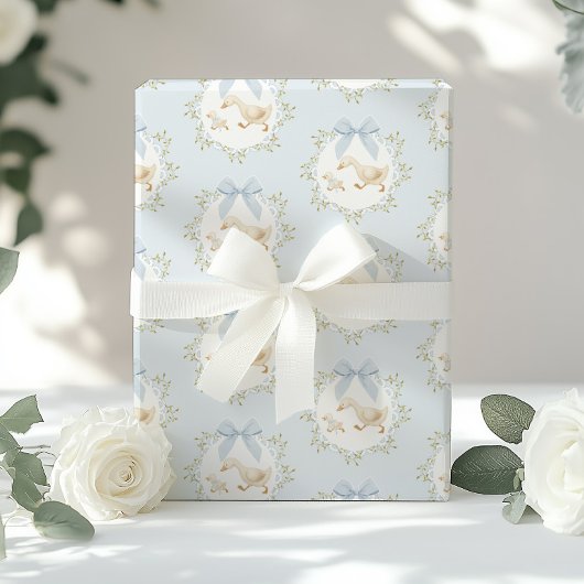 Papier Cadeau Silly Goose Blue Bow Whimsical Preppy