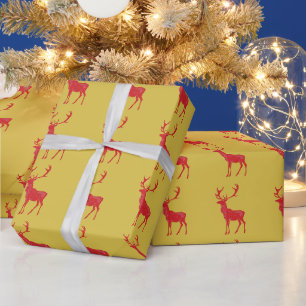 Papier Cadeau Simple Gold Red Reindees Noël Motif Noël