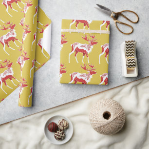 Papier Cadeau Simple Gold Red Reindees Noël Motif Noël