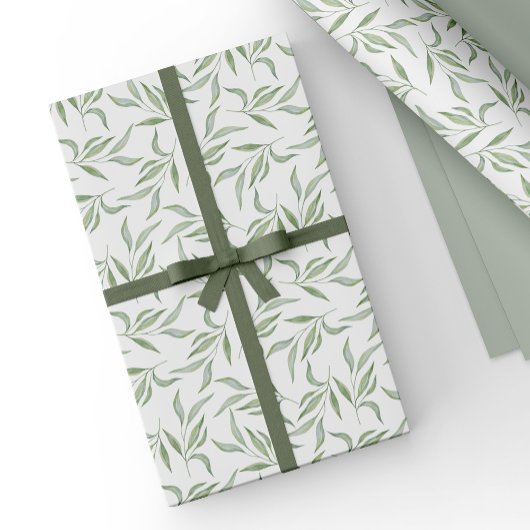 Papier Cadeau Simple Green Watercolor Leaves Botanical Pattern