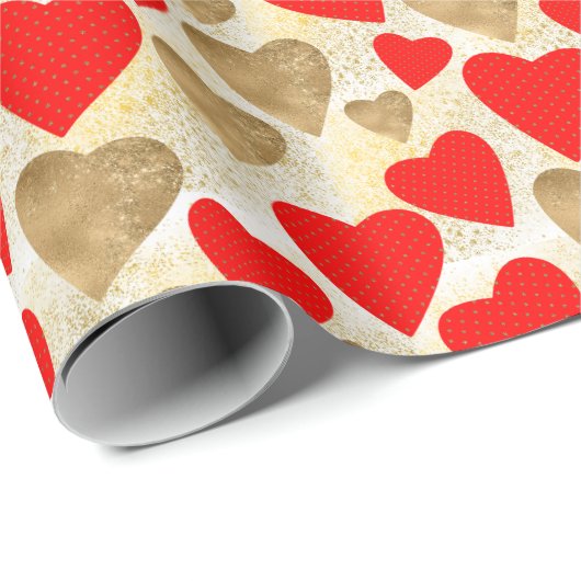 Papier Cadeau Simple Hearts Motif en Red & Faux Gold Parties sci (Coin rond)