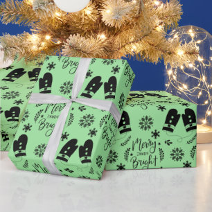 Papier Cadeau Simple Noël Vert Joyeux & Lumineux Mittens