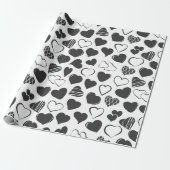 Papier Cadeau Simple Noir et Blanc Coeurs Motif Noël (Déroulé)