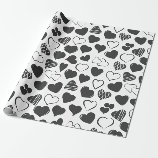 Papier Cadeau Simple Noir et Blanc Coeurs Motif Noël (Déroulé)